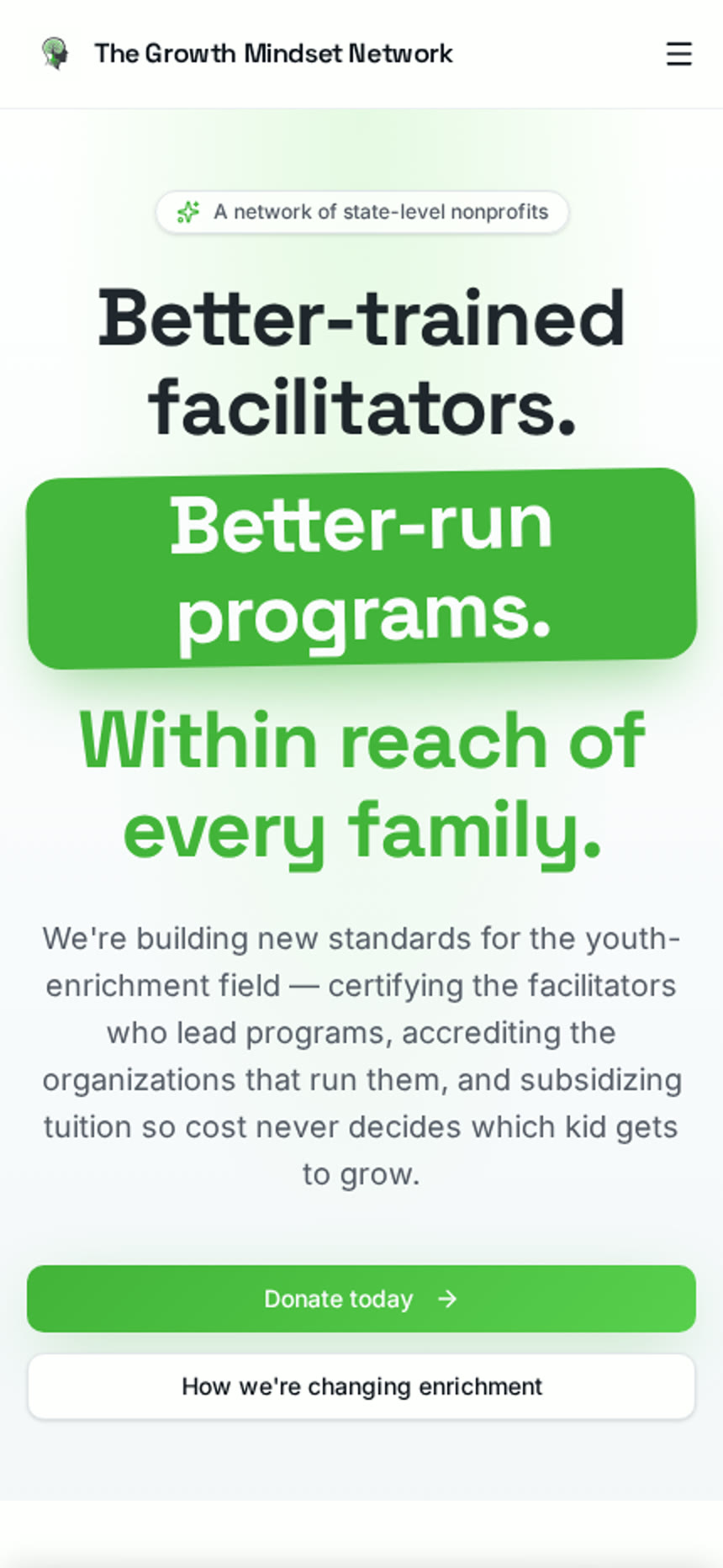 Growth Mindset Network homepage displayed at phone size