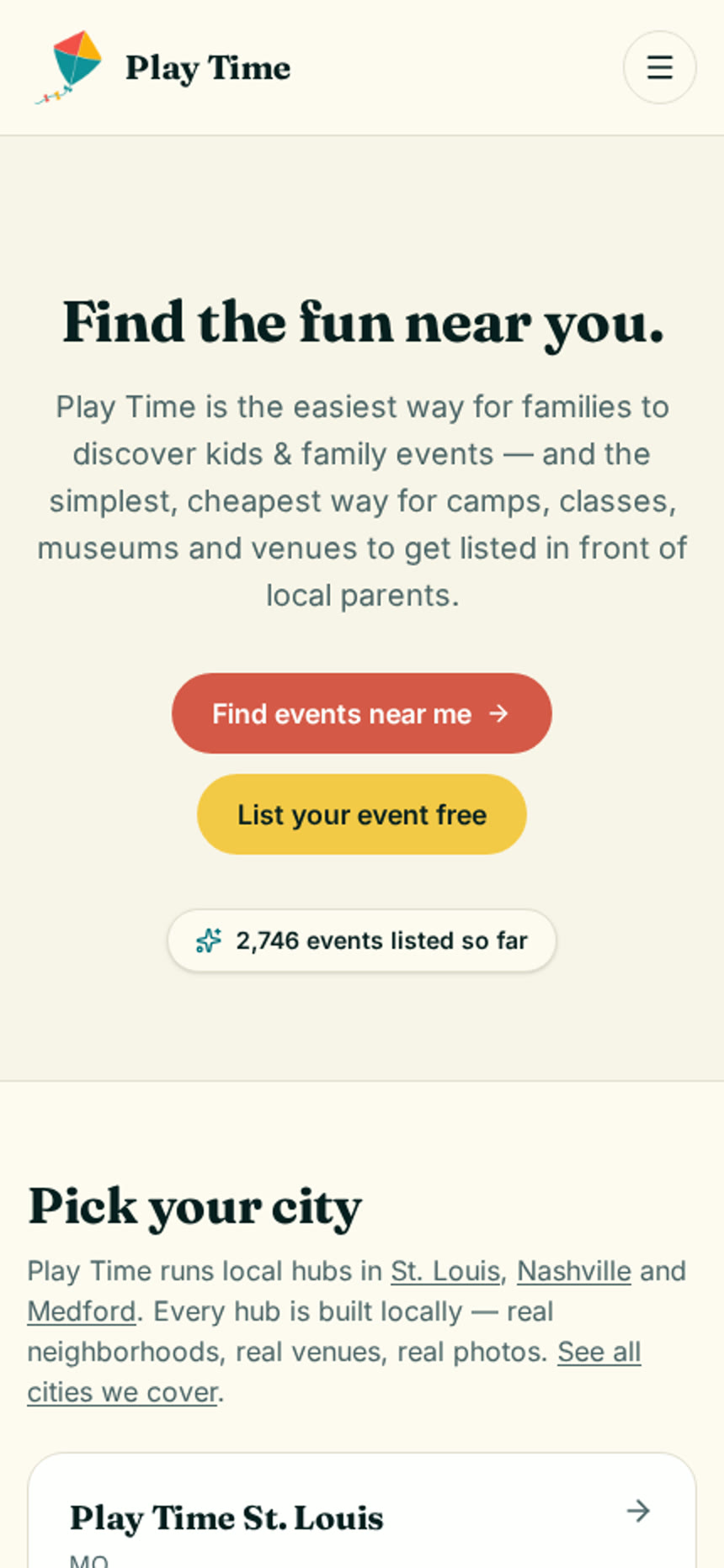 Playtime Kids Events homepage displayed at phone size